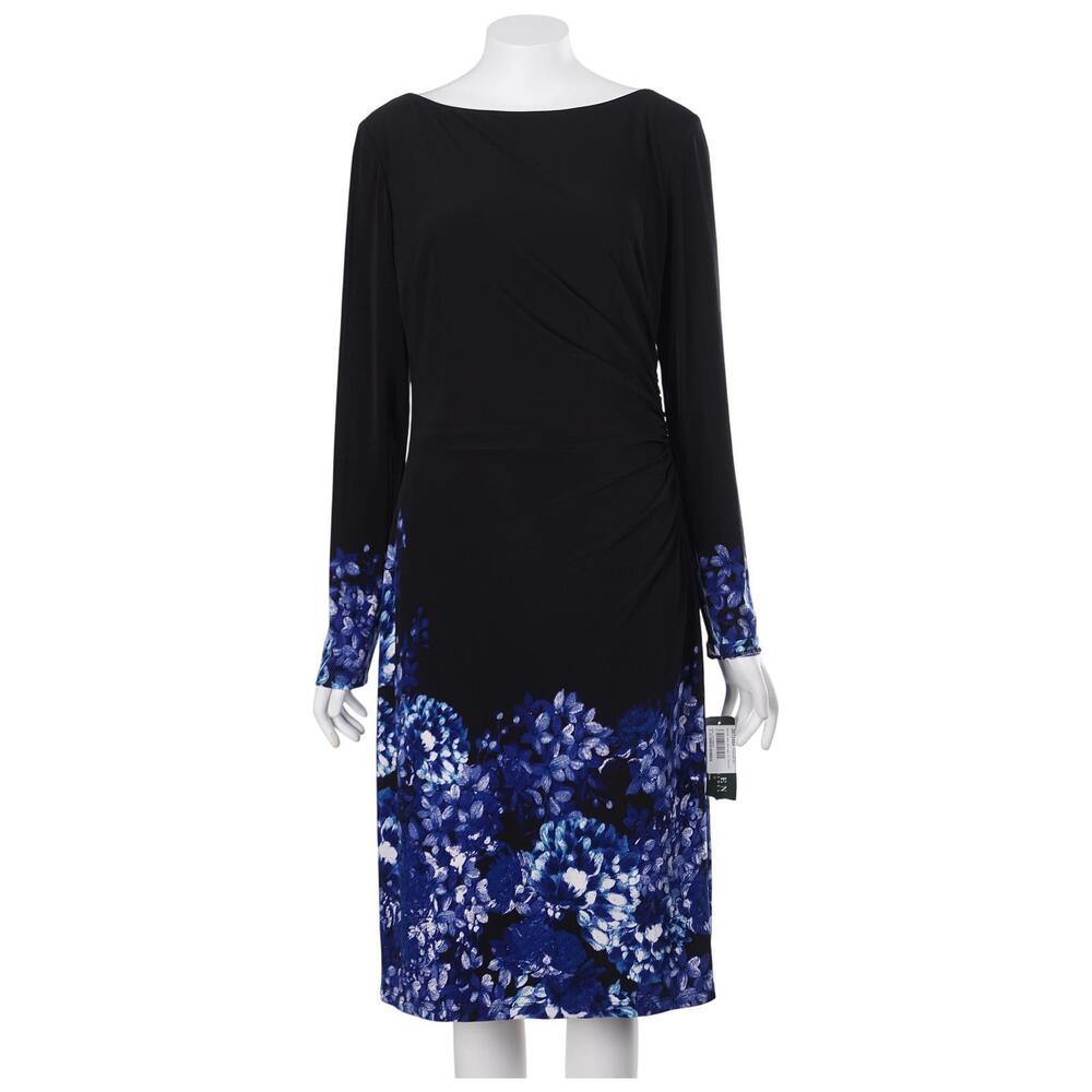 NWT Lauren Ralph Lauren Dress Size 10 Black Blue Floral Sheath Stretch Ruched
